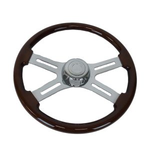 18'' 4 Spoke Steering Wheel w/ Hub Woodgrain & Chrome - International Trucks